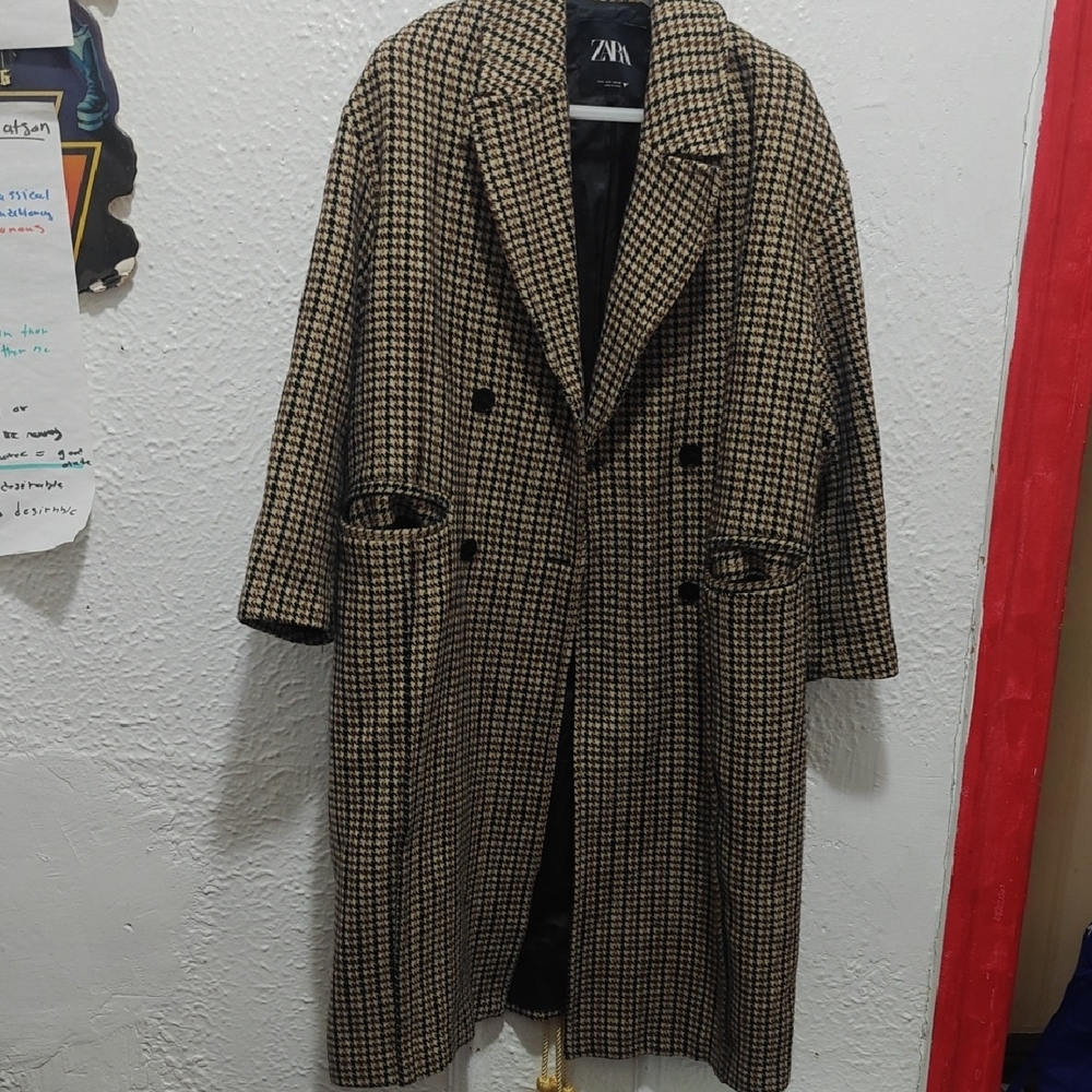 Zara Men's Checkered Trench Coat - Black and Tan